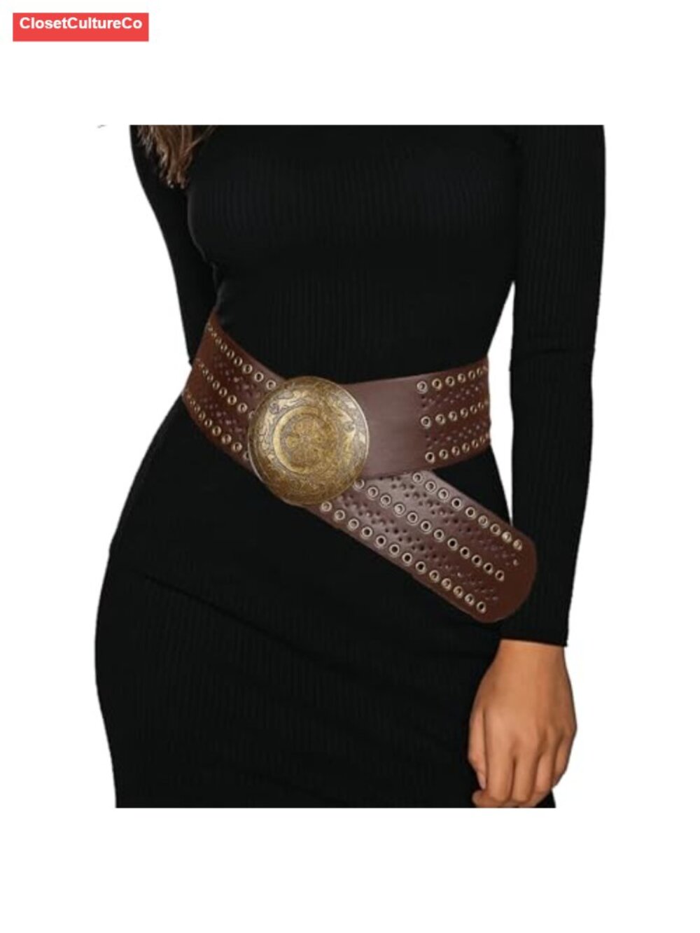 Wide-Disc Hollow Western Belt Women Boho Concho PU-Leather Belt Pants Dress